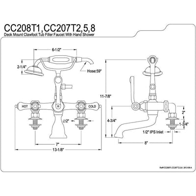 Kingston Polished Brass Deck Mount Clawfoot Tub Faucet w hand shower CC207T2