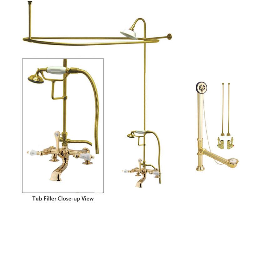 Polished Brass Clawfoot Tub Faucet Shower Kit with Enclosure Curtain Rod 207T2CTS