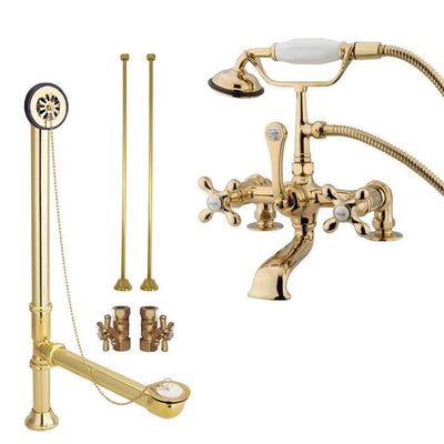 Polished Brass Deck Mount Clawfoot Tub Faucet w hand shower Drain Supplies Stops CC209T2system