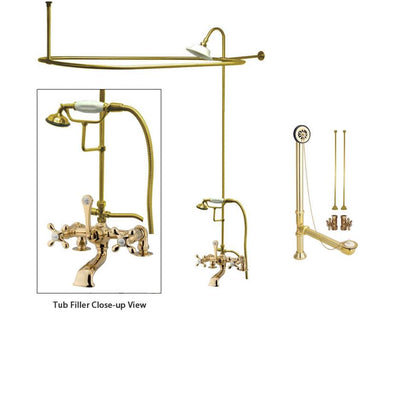 Polished Brass Clawfoot Bathtub Faucet Shower Kit with Enclosure Curtain Rod 209T2CTS