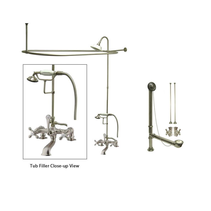 Satin Nickel Clawfoot Tub Faucet Shower Kit with Enclosure Curtain Rod 209T8CTS