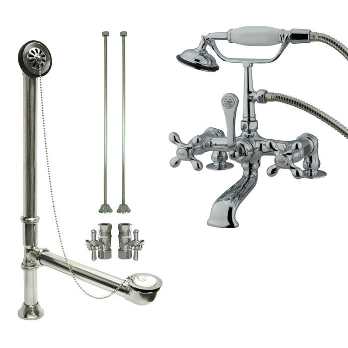 Chrome Deck Mount Clawfoot Tub Faucet w hand shower w Drain Supplies Stops CC210T1system