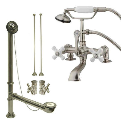 Satin Nickel Deck Mount Clawfoot Tub Faucet w hand shower w Drain Supplies Stops CC211T8system