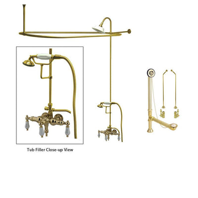 Polished Brass Clawfoot Tub Shower Faucet Kit with Enclosure Curtain Rod 21T2CTS