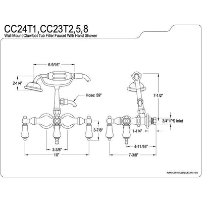 Kingston Polished Brass Wall Mount Clawfoot Tub Faucet w hand shower CC23T2