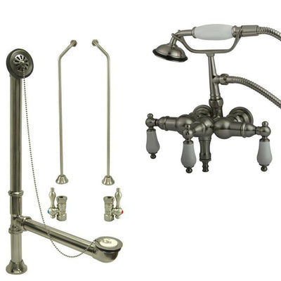 Satin Nickel Wall Mount Clawfoot Tub Faucet w hand shower w Drain Supplies Stops CC23T8system