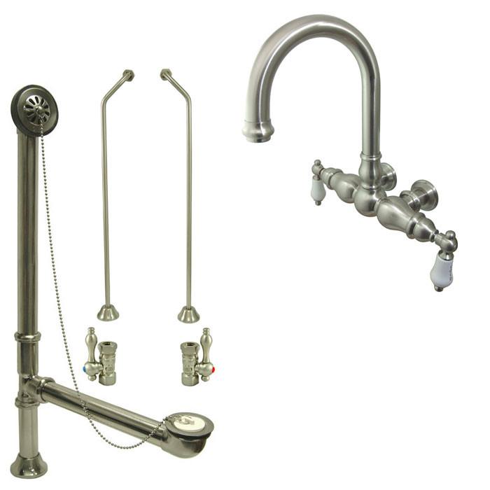 Satin Nickel Wall Mount Clawfoot Tub Faucet Package w Drain Supplies Stops CC3003T8system