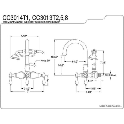 Kingston Satin Nickel Wall Mount Clawfoot Tub Faucet w hand shower CC3013T8