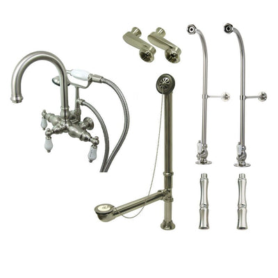 Freestanding Floor Mount Satin Nickel Hot/Cold Porcelain Lever Handle Clawfoot Tub Filler Faucet with Hand Shower Package 3015T8FSP