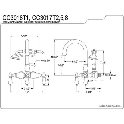 Kingston Polished Brass Wall Mount Clawfoot Tub Faucet w hand shower CC3017T2