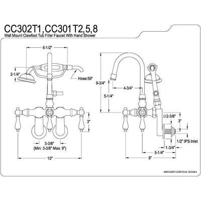 Kingston Polished Brass Wall Mount Clawfoot Tub Faucet w hand shower CC301T2