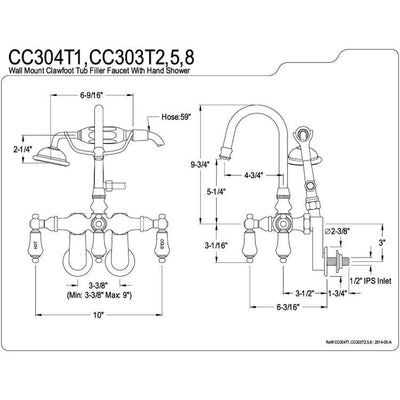 Kingston Polished Brass Wall Mount Clawfoot Tub Faucet w hand shower CC303T2