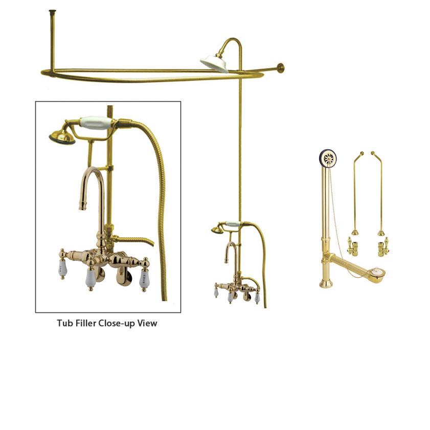 Polished Brass Clawfoot Tub Faucet Shower Kit with Enclosure Curtain Rod 303T2CTS