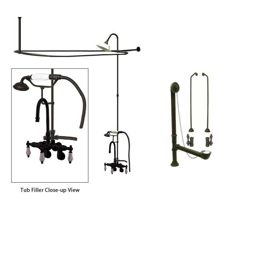 Oil Rubbed Bronze Clawfoot Tub Shower Faucet Kit with Enclosure Curtain Rod 303T5CTS