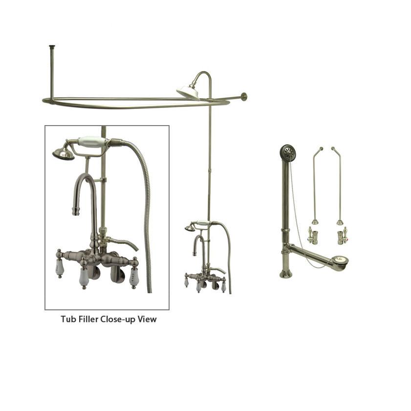 Satin Nickel Clawfoot Tub Faucet Shower Kit with Enclosure Curtain Rod 303T8CTS