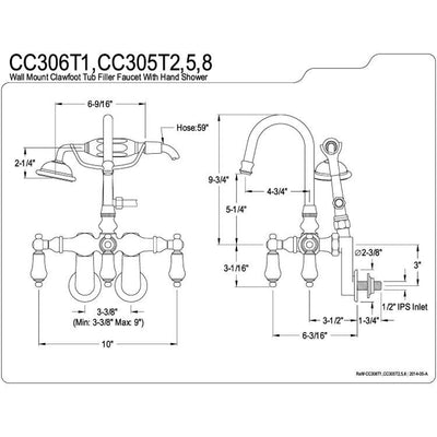 Kingston Polished Brass Wall Mount Clawfoot Tub Faucet w hand shower CC305T2