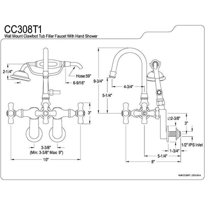 Kingston Brass Chrome Wall Mount Clawfoot Tub Faucet w hand shower CC308T1