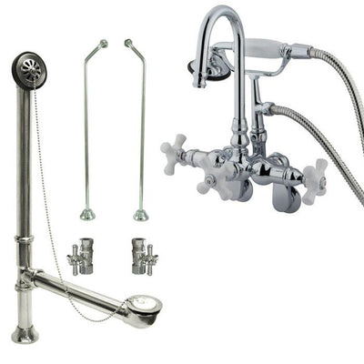 Chrome Wall Mount Clawfoot Tub Faucet w hand shower w Drain Supplies Stops CC308T1system