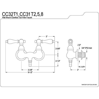 Kingston Brass Polished Brass Wall Mount Clawfoot Tub Filler Faucet CC31T2