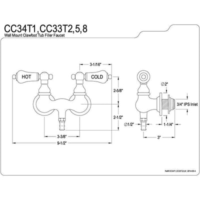 Kingston Brass Satin Nickel Wall Mount Clawfoot Tub Filler Faucet CC33T8