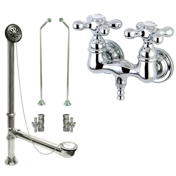 Chrome Wall Mount Clawfoot Tub Filler Faucet Package Supply Lines & Drain CC38T1system