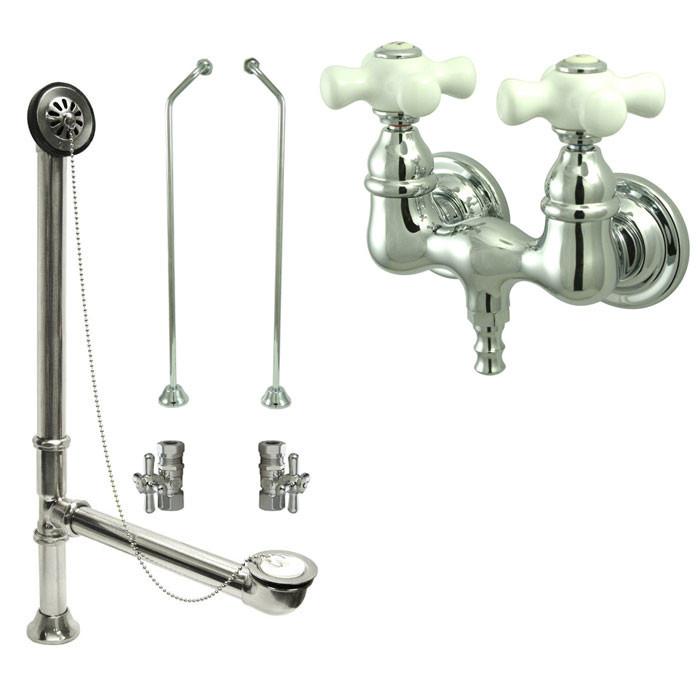 Chrome Wall Mount Clawfoot Tub Filler Faucet Package Supply Lines & Drain CC40T1system