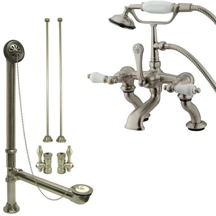 Satin Nickel Deck Mount Clawfoot Tub Faucet w hand shower w Drain Supplies Stops CC411T8system