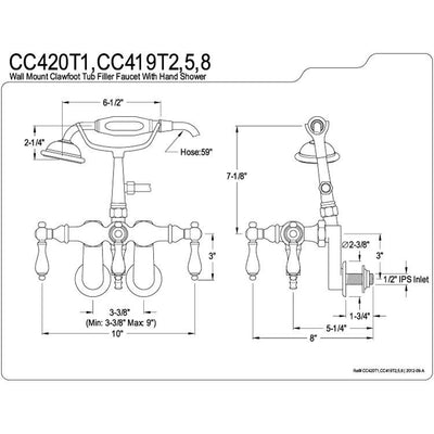 Kingston Polished Brass Wall Mount Clawfoot Tub Faucet w hand shower CC419T2