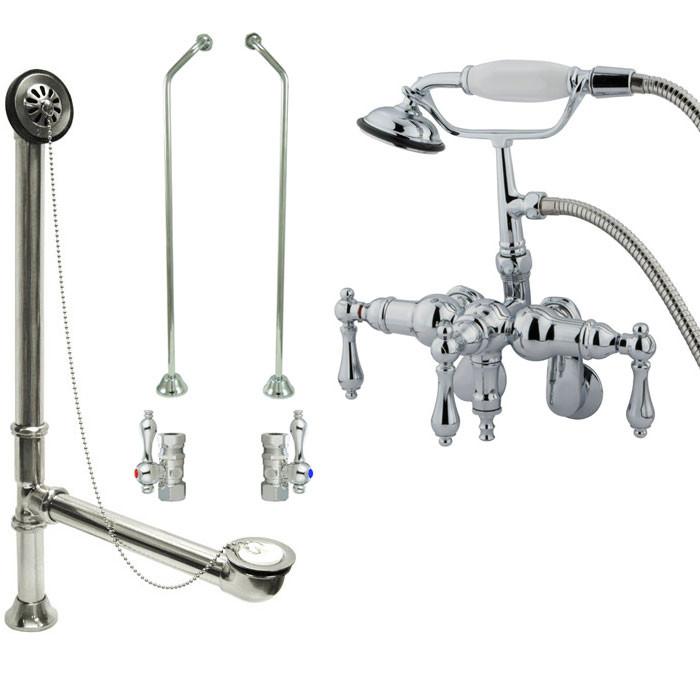 Chrome Wall Mount Clawfoot Tub Faucet w hand shower w Drain Supplies Stops CC420T1system