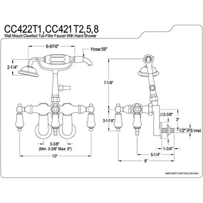 Kingston Polished Brass Wall Mount Clawfoot Tub Faucet w hand shower CC421T2