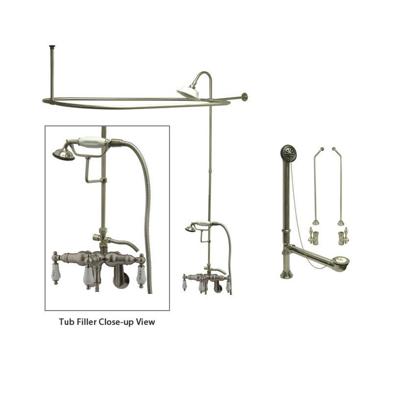 Satin Nickel Clawfoot Tub Faucet Shower Kit with Enclosure Curtain Rod 423T8CTS