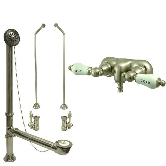 Satin Nickel Wall Mount Clawfoot Tub Faucet Package w Drain Supplies Stops CC43T8system