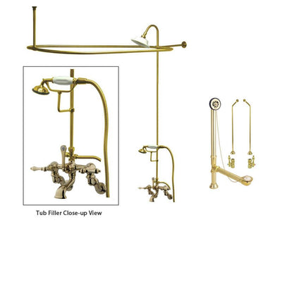 Polished Brass Clawfoot Tub Faucet Shower Kit with Enclosure Curtain Rod 457T2CTS