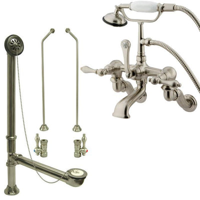 Satin Nickel Wall Mount Clawfoot Tub Faucet w hand shower w Drain Supplies Stops CC457T8system