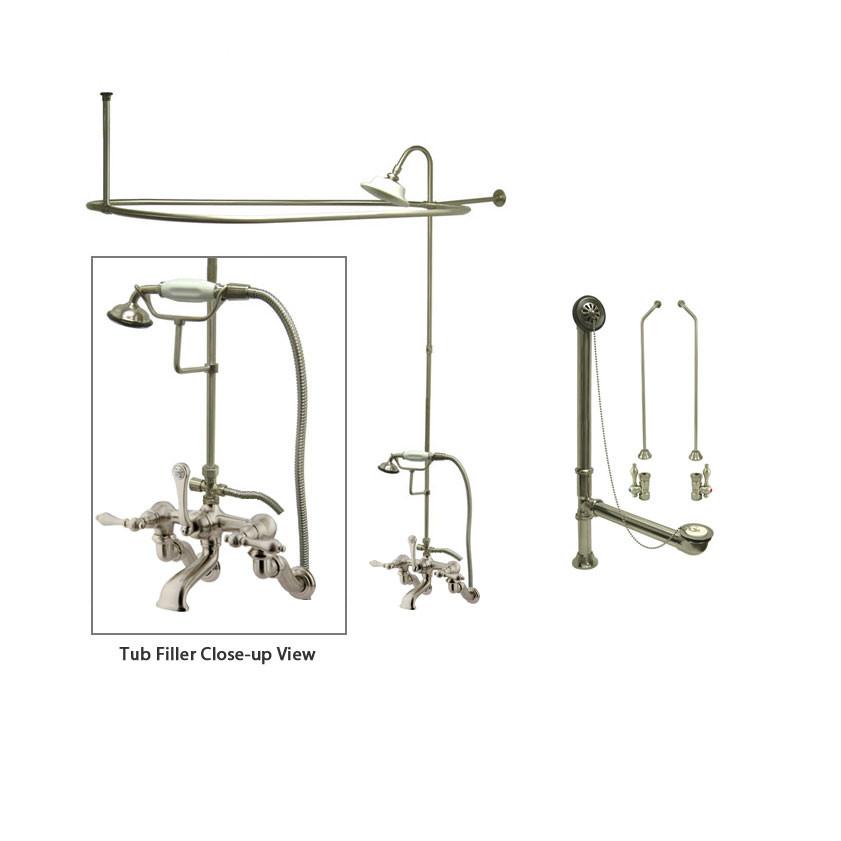 Satin Nickel Clawfoot Tub Faucet Shower Kit with Enclosure Curtain Rod 457T8CTS