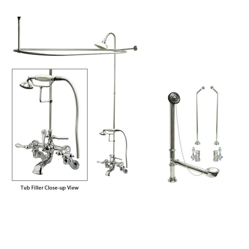 Chrome Clawfoot Tub Faucet Shower Kit with Enclosure Curtain Rod 458T1CTS