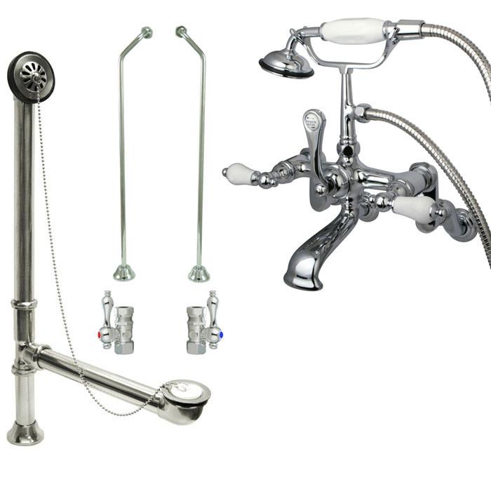 Chrome Wall Mount Clawfoot Tub Faucet w hand shower w Drain Supplies Stops CC460T1system