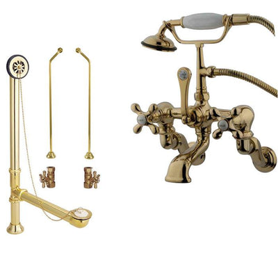 Polished Brass Wall Mount Clawfoot Tub Faucet Package w Drain Supplies Stops CC463T2system