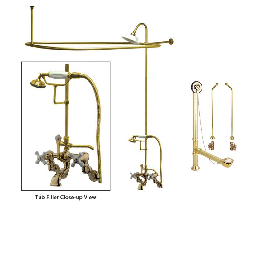 Polished Brass Clawfoot Tub Faucet Shower Kit with Enclosure Curtain Rod 465T2CTS