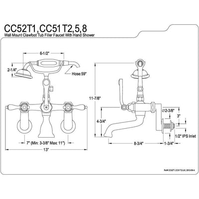 Kingston Polished Brass Wall Mount Clawfoot Tub Faucet w Hand Shower CC51T2