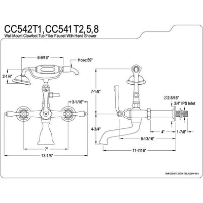 Kingston Polished Brass Wall Mount Clawfoot Tub Faucet w Hand Shower CC541T2