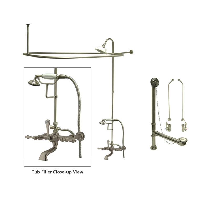 Satin Nickel Clawfoot Tub Faucet Shower Kit with Enclosure Curtain Rod 541T8CTS