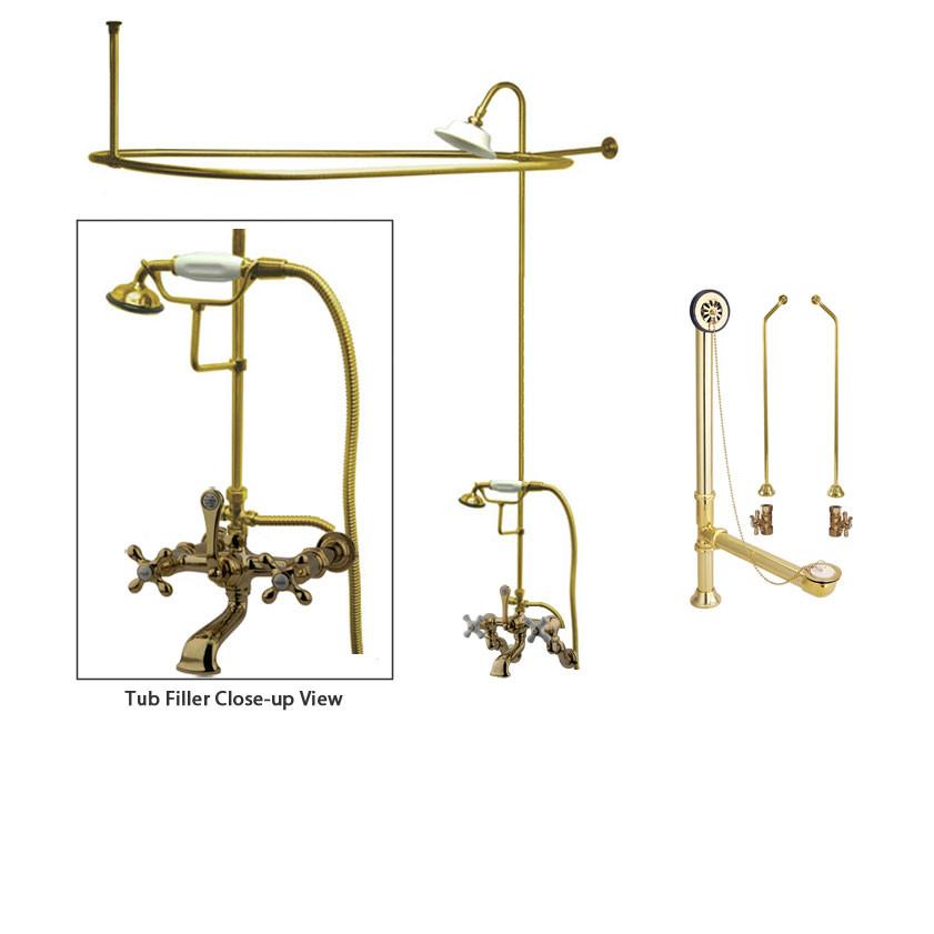 Polished Brass Clawfoot Tub Faucet Shower Kit with Enclosure Curtain Rod 547T2CTS