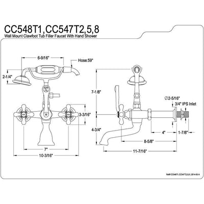 Kingston Brass Satin Nickel Wall Mount Clawfoot Tub Faucet w Hand Shower CC547T8