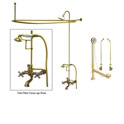 Polished Brass Clawfoot Tub Faucet Shower Kit with Enclosure Curtain Rod 549T2CTS