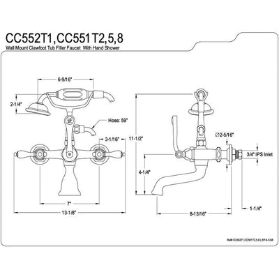 Kingston Polished Brass Wall Mount Clawfoot Tub Faucet w Hand Shower CC551T2