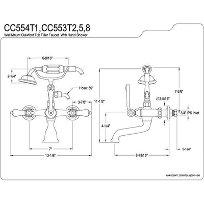 Kingston Polished Brass Wall Mount Clawfoot Tub Faucet w Hand Shower CC553T2