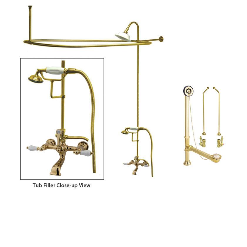 Polished Brass Clawfoot Tub Faucet Shower Kit with Enclosure Curtain Rod 553T2CTS