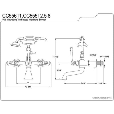 Kingston Polished Brass Wall Mount Clawfoot Tub Faucet w Hand Shower CC555T2