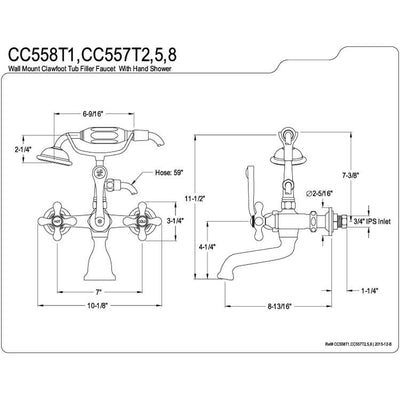 Kingston Polished Brass Wall Mount Clawfoot Tub Faucet w Hand Shower CC557T2